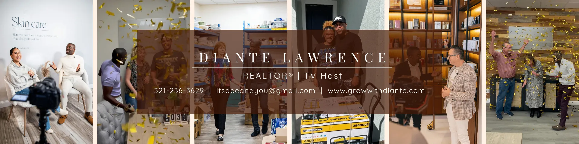 Photo collage of Diante Lawrence with clients and at events