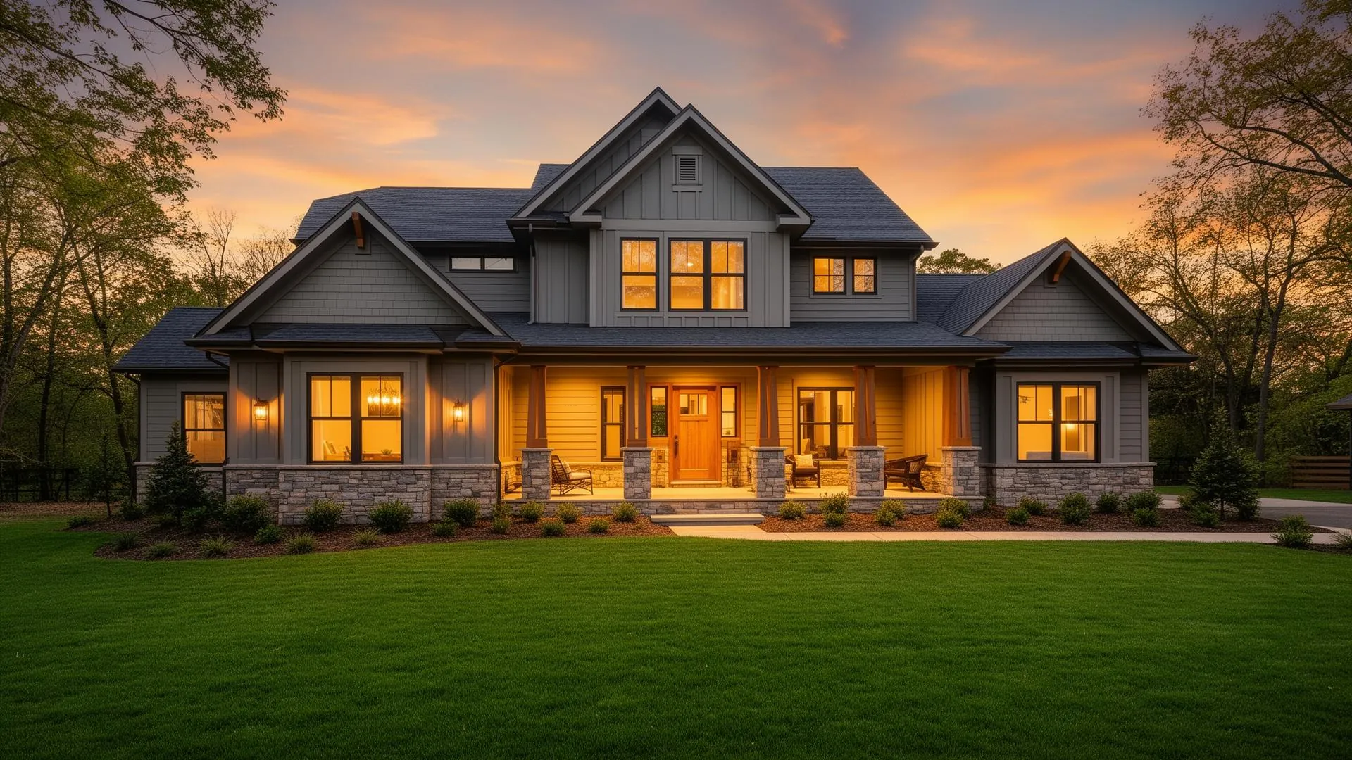 Beautiful home exterior at dusk